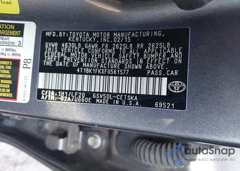 2015 Toyota Camry Xse V6 z USA, uszkodzony, nr VIN 4T1BK1FKXFU561577